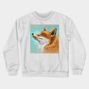 Painting of a Red Fox Looking to the Left with Turquoise Background Crewneck Sweatshirt